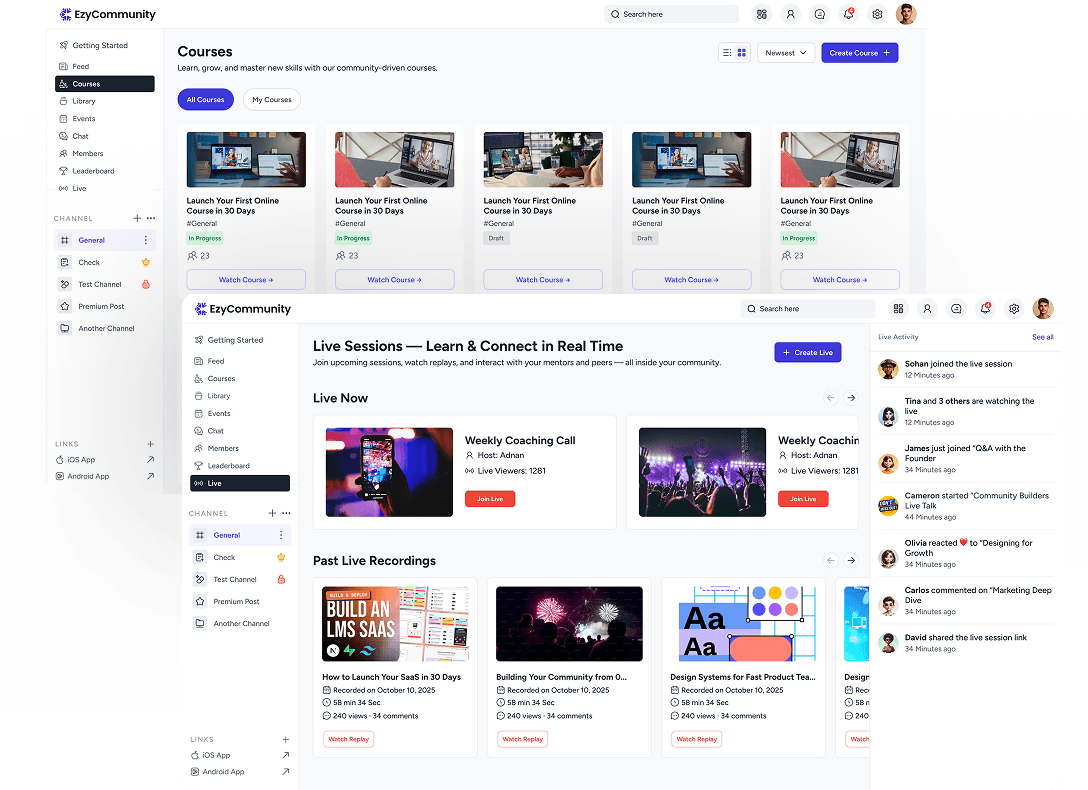 EzyCommunity courses and live sessions bundled into one branded offer